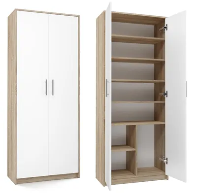 A two-piece image showing a closed white cabinet with wood-effect trim on the left, and the same cabinet open on the right, revealing its shelves.