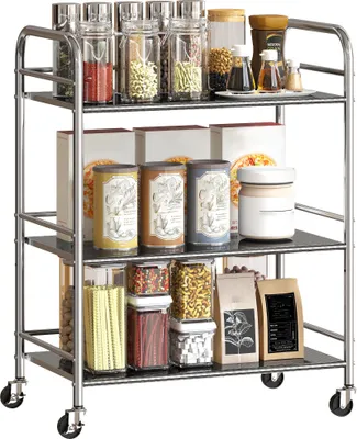 Image de HOMCOM Desserte cuisine, chariot de service à 3 niveaux en acier inoxydable 201 avec 3 étagères et poignées, chariot de rangement à roulettes pour salon, bureau, cuisine, 60 x 35 x 77 cm, argenté
