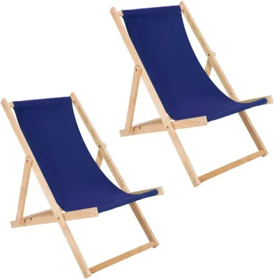 Two blue foldable deck chairs made of wood are shown against a white background.
