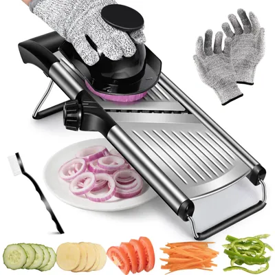 Produktbild von Gemüsehobel Mandoline 5 in-1 Verstellbar Gemüseschneider mit Klingenschützer, Reibe für Gemüse, Edelstahl Gurkenhobel Dünne Scheiben, Mehrzweck Küchenhobel Küchenreibe