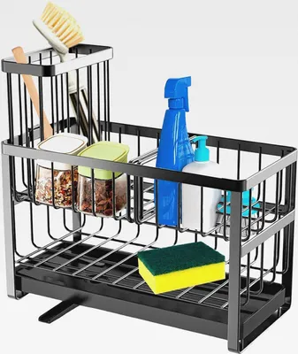 Produktbild von 2 Lagiger Spülbecken Organizer, 9.1in Schwammhalter Spülbecken, Kohlenstoffstahl Abnehmbare Spüle Organizer mit Ablaufauslass Reinigungsbürste Aufbewahrungsständer