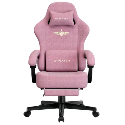 A pink gaming chair with a headrest and lumbar support, shown from the front.