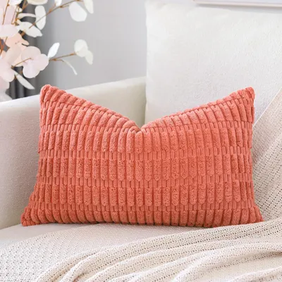 Produktbild von Set mit 1 Kissenbezug im Boho-Streifenmuster, einfarbiger Dekokissenbezug, Sofakissen, 30 x 50 cm, weiches Sofakissen für Wohnzimmer und Schlafzimmer, Korallenrot