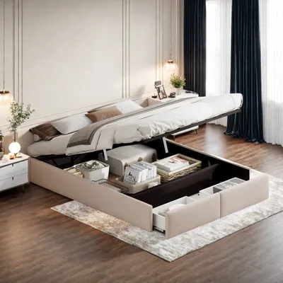 Immagine prodotto di UnboxG Letto imbottito matrimoniale 140x200 cm, letto imbottito con contenitore e 2 cassetti, letto contenitore con idraulica, struttura letto matrimoniale con rete a doghe e rete letto, lino, beige