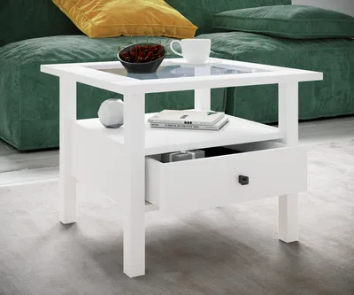 Produktbild von VCM Holz Beistelltisch mit ESG-Sicherheitsglas | Couchtisch schlicht | Maße ca. H. 42 x B. 54 x T. 54 cm | Wohnzimmertisch mit Schublade | Sofatisch - Lingis M