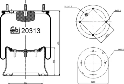 Produktbild von FEBI BILSTEIN Luftfederbalg 20313 für SCANIA 3 - series 178mm M22 x 1,5 ммmm M12 x 1,75 ммmm 200mm 260mm
