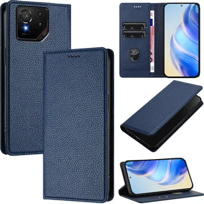 Produktbild von Litchi Leder Handyhülle für Asus ROG Phone 9 / 9 Pro Wallet Kartenfächer Standfunktion Hülle Blau