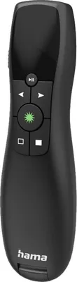 A black wireless laser presenter with various buttons and a green laser pointer.