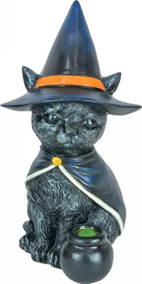 Produktbild von Katzenfigur mit Hexenhut & Hexenkessel als Halloween Deko 15cm