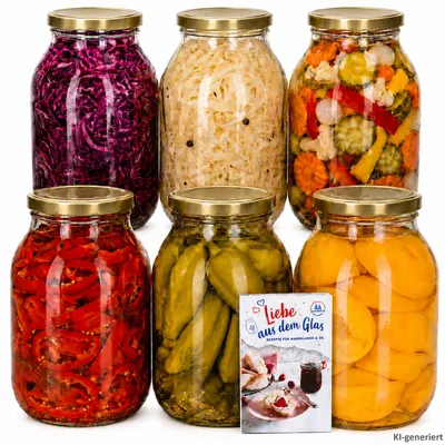 Produktbild von 6er Set Einmachglas 3L Vorratsglas TO100 Deckel gold Rezeptheft