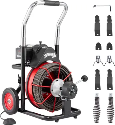 Produktbild von VEVOR Rohrreinigungsmaschine φ13 mm x 30 m, Reinigungsspirale mit Rädern, Automatischer Zufuhr, 8 Schneidmessern & Pneumatischem Fußschalter, Rohrreinigungsgerät für Rohre von 50 bis 150 mm