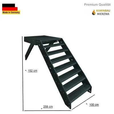 Produktbild von Podesttreppe Wangen- Stahltreppe 8 Stufen Höhe 152cm inklusive Podest 100x100cm ohne Geländer Anthrazit / Ausrichtung Treppe Vorne (Front) Außentreppe