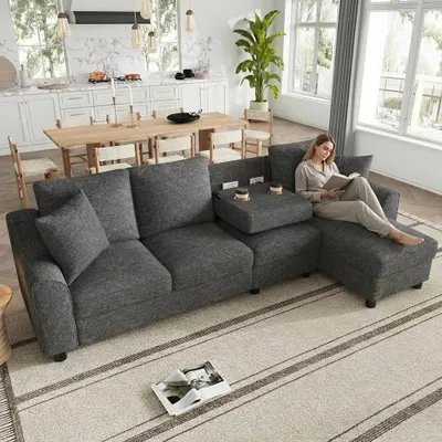 Immagine prodotto di Divano ad L Merax a 4 posti, divano in ciniglia con chaise longue, schienale ribaltabile, portabicchieri, contenitore per la biancheria da letto, vano portaoggetti, divano, grigio