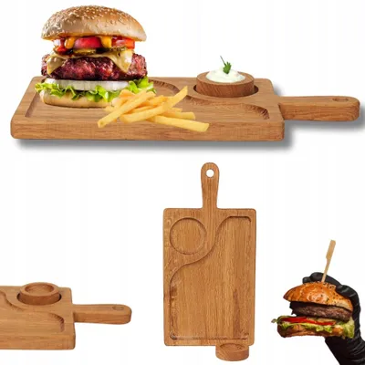 Produktbild von Woodcarver Eichen Servierbrett mit Dip-Schale für Burger