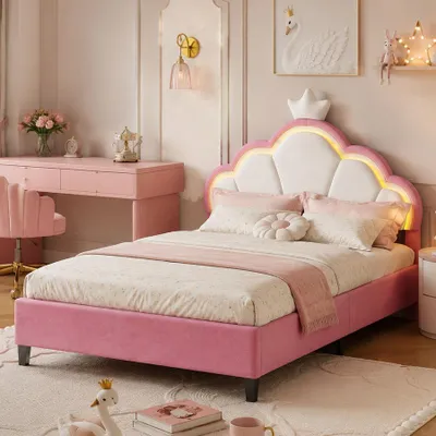 Produktbild von INONEFT Kinderbett 90 x 200 cm, Einzelbett mit kronenförmigem Kopfteil und LED, Polsterbett mit höhenverstellbarem Kopfteil, Jugendbett, Samt, rosa