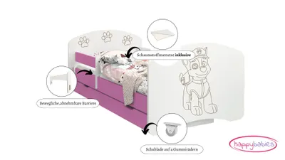 Produktbild von Happy Babies Kinderbett - Mit Matratze & Schublade und Rausfallschutz, 70x140, Mädchen Kinderbetten & Jugendbett Jungen Kids Bed