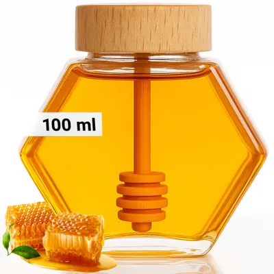 Obrázek produktu pro Sklenice na Med 100 ml s Bambusovým Víčkem a Tyčinkou – Stylový Doplňek pro Dárky i Každodenní Použití