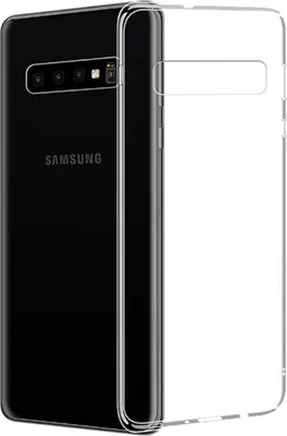 A clear protective phone case is shown next to a black Samsung phone.