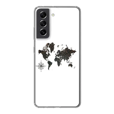 Produktbild von MuchoWow® Handyhülle Schutzhülle Hülle für Samsung Galaxy S21 FE Weltkarte - Gold - Schwarz - Windrose Silikon Softcase Handy Hülle - Mobiltelefonhülle
