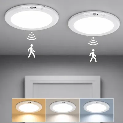Image de 2 détecteurs de mouvement avec lampe rechargeable, 4200mAh, lumière de plafond à détecteur, lampe de plafond intérieure, 3 modes, lampe pour cave, couloir, garage, escalier, balcon, placard, lampe LED rechargeable, 19 cm