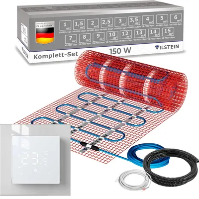 Produktbild von VILSTEIN® Elektrische Fußbodenheizung [150W/m²] - Bodenheizung Elektrisch geeignet für Laminat, Fliesen & mehr - Elektro Fussbodenheizung - Elektrische Heizmatte Fußboden - Thermostat weiß (8x0.5m - 4qm)