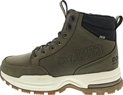 A side view of a green Dockers boot.