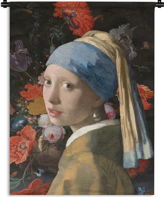Produktbild von MuchoWow® Wandteppich Wandbehang Das Mädchen mit dem Perlenohrring - Vermeer - Blumen 150x200 cm Tapisserie Dekoration Wandtuch - Wandaufhängung - Moderner