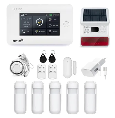 Produktbild von HUXGO HXA006 Funkalarmanlage mit 5 Bewegungsmeldern und zweiter Funksirene Modulen: WLAN + GSM 4G LTE TUYA Smart Anwendung SMS-Benachrichtigungen Steuerung vom Telefon aus Sprache DEUTSCH, KI-generiertes Bild