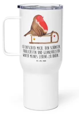 Produktbild von Mr. & Mrs. Panda To-Go-Becher Rotkehlchen Schlitten - Weiß - Geschenk, Kaffee-Thermobecher, Weihnachten, Teetasse, Thermobecher, Kaffee-to-go-Becher, Vogel, thermosbecher
