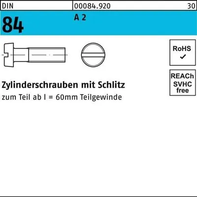 Produktbild von Reyher  Zyl.schr. m. Schlitz DIN 84 A 2 M 2,5 x 10 A 2 (1000 Stück)