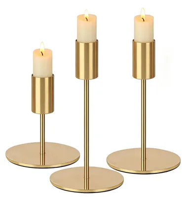 3 goldene Kerzenhalter aus Metall, 8,5/14/16 cm, Tischdeko