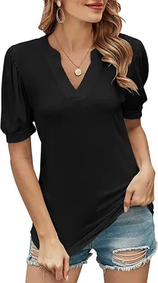 Produktbild von ASKSA Damen T-Shirt V-Ausschnitt PuffäRmel Kurzarm Basic Tshirt Elegant Einfarbig Oberteile, Schwarz, L