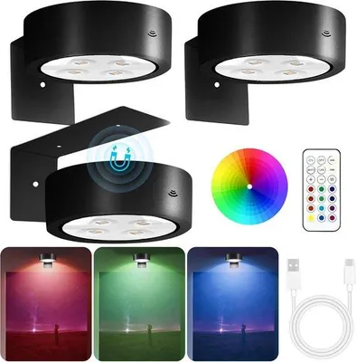 Image de Applique murale sans fil à trois LED avec télécommande, intensité réglable et minuterie, trois modes d'éclairage, éclairage d'accentuation pour cadres photo, œuvres d'art, portraits et décorations murales, noir - design RGB