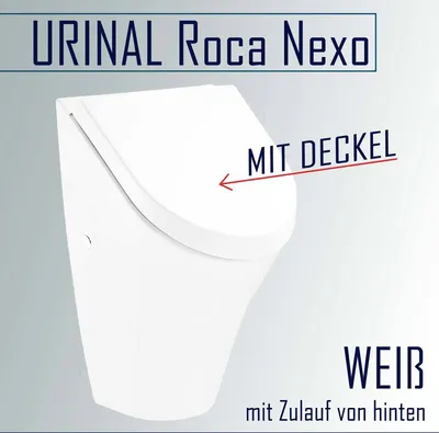 A white Roca Nexo urinal with a lid, shown from the front-left.