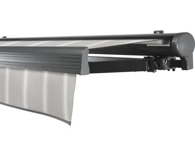 Produktbild von SOLUNA Halbkassettenmarkise Comfort 6x3 Stoff Dessin D418 Gestell DB703 dunkelgrau Antrieb rechts inkl. Motor und Wandsc