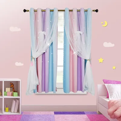 Image de Topchances 2 pièces rideau chambre enfant rideau avec oeillets - H 243 x L 132 cm rideau étoile avec voile rideau chambre enfant fille rideau oeillet,lilas