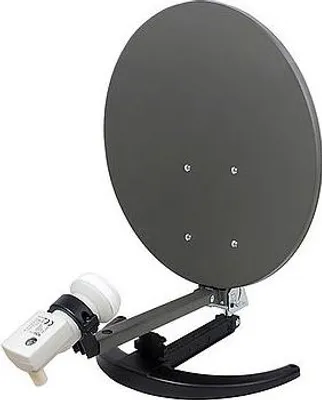 A satellite dish with its LNB attached, shown against a white background.