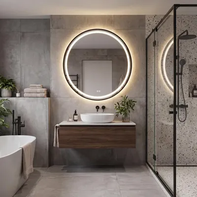 Produktbild von LED Badezimmerspiegel Rund 60 cm – Badspiegel mit LED Beleuchtung, Touch-Schalter, Anti-Beschlag, 3 Lichtfarben, Schwarzer Rahmen – SAVE HOME, KI-generiertes Bild