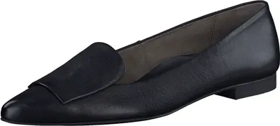 A single black loafer shoe is shown against a white background.