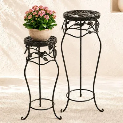 Produktbild von Blumenhocker Metall Schwarz Rund 2er Set 65 cm / 78 cm Blumenständer 18215 Blumensäule Antik Pflanzenständer Pflanzenhocker Vintage