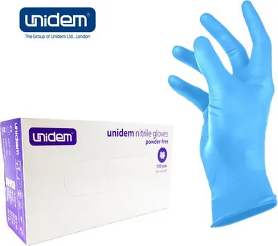 Zdjęcie produktu dla Unidem - rękawiczki nitrylowe diagnostyczne, bezpudrowe, niebieskie, jednorazowe 100szt w opakowaniu, XS-S