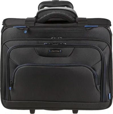 A black business notebook trolley with wheels and a retractable handle.