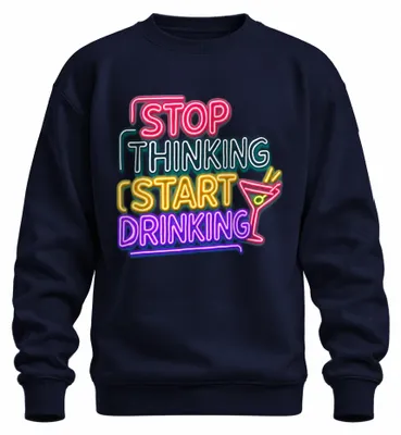 Productafbeelding van Stop met nadenken, begin met drinken. Feest in de neonbar. Cocktail. Trui/pullover, marineblauw, maat S
