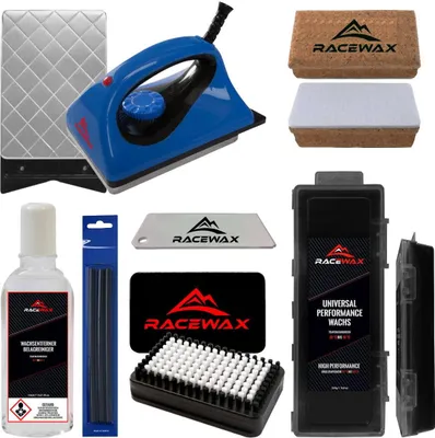 Image de Kit de fartage RaceWax 7 pièces : fer à repasser, fart, brosse BaseBrush, dissolvant de fart et bandes FX