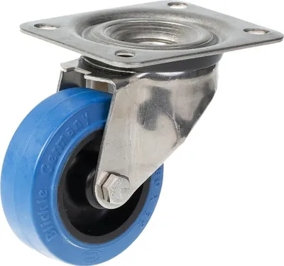 Productafbeelding van 80mm stainless steel swivel castor with blue elastic rubber on nylon centre whee