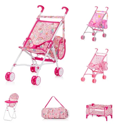 Produktbild von Chipolino Puppen-Zubehör-Set 3in1 Trixy Buggy Hochstuhl Tasche Laufstall faltbar pink
