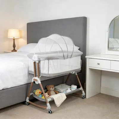Produktbild von 3 in 1 Beistellbett,Babywiege,Reisebett Baby mit Matratze,6-stufig Höhenverstellbares Babybett, neigbar, für Baby bis 12 Monaten 90x60x90-115cm Grau