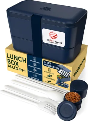 Produktbild von Umami Brotdose Bento-Lunchbox, verschachtelbar, mit Fächern, Besteck und 2 Saucentöpfe