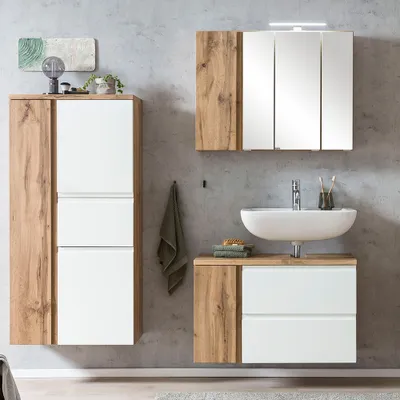 Produktbild von Badmöbel Set mit LED Beleuchtung, Wotan Eiche Nb. mit weiß matt, VASTO-03-WHITE, B/H/T ca. 165/200/35 cm