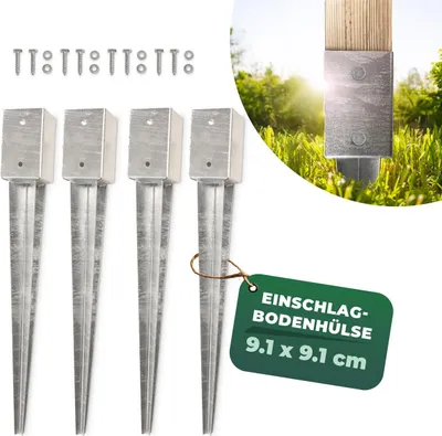 Produktbild von Novatool 4x Einschlagbodenhülsen-Set 91x91x750 mm, Bodenhülse Sonnenschirm Pfostenträger Zaunpfosten Holzpfosten Bodenhülsen Einschlaghülse Bodenanker Erdspieß zum Einschlagen, verzinkt, mit Schrauben